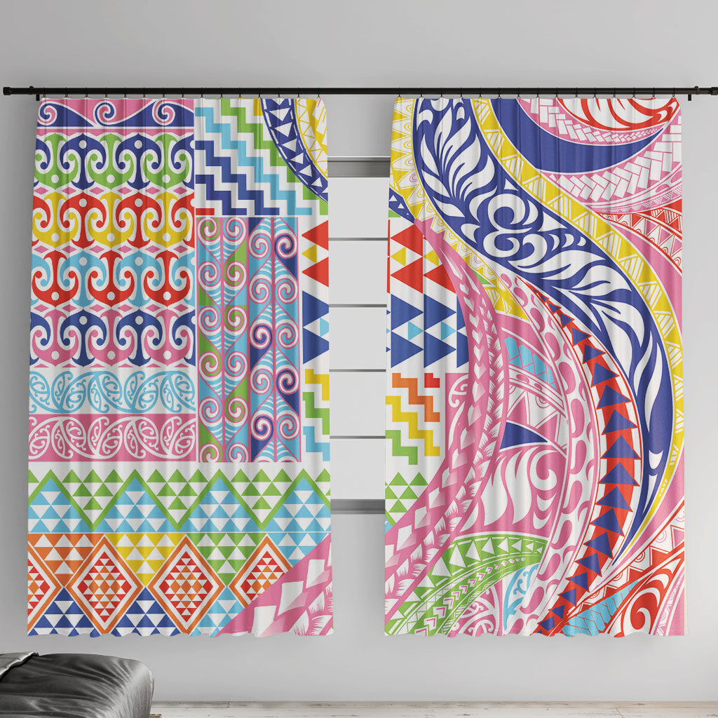 Maori Kowhaiwhai Taniko Patchwork Rainbow Motifs Window Curtain