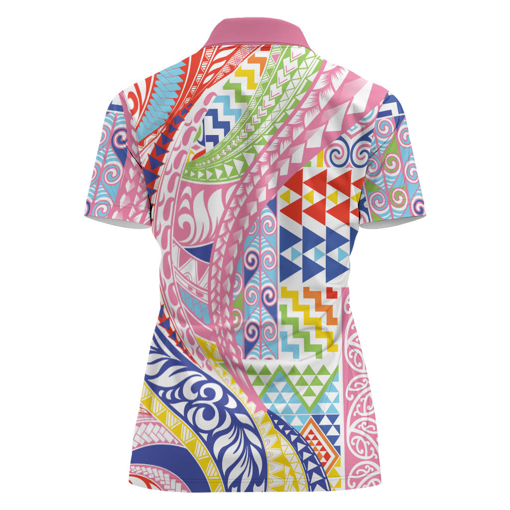 Maori Kowhaiwhai Taniko Patchwork Rainbow Motifs Women Polo Shirt LT9 - Polynesian Pride