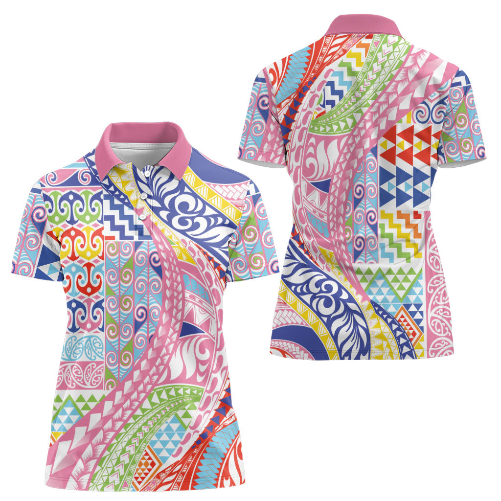 Maori Kowhaiwhai Taniko Patchwork Rainbow Motifs Women Polo Shirt LT9 - Polynesian Pride