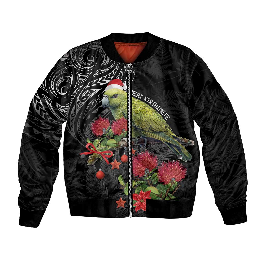 Meri Kirihimete Kakapo Bomber Jacket Black Silver Fern Christmas Vibe LT9 Unisex Black - Polynesian Pride