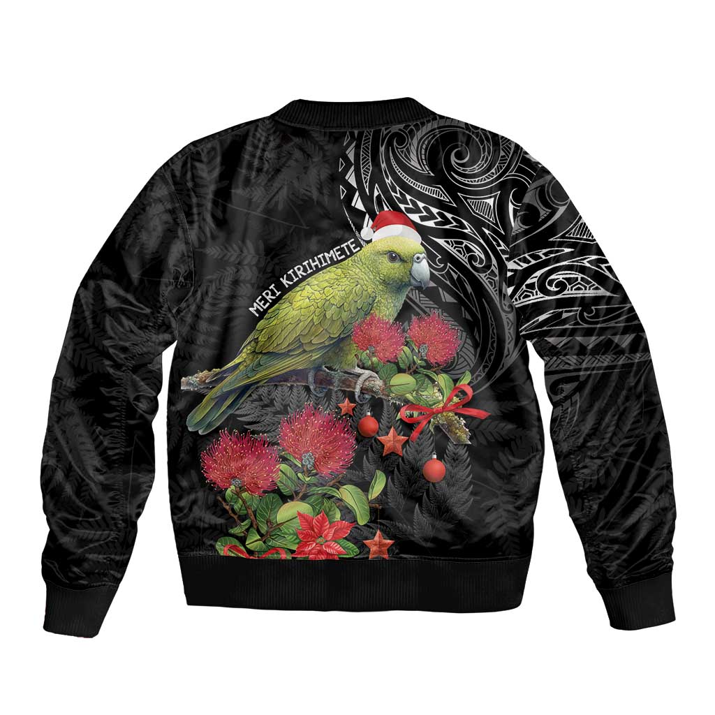 Meri Kirihimete Kakapo Bomber Jacket Black Silver Fern Christmas Vibe LT9 - Polynesian Pride