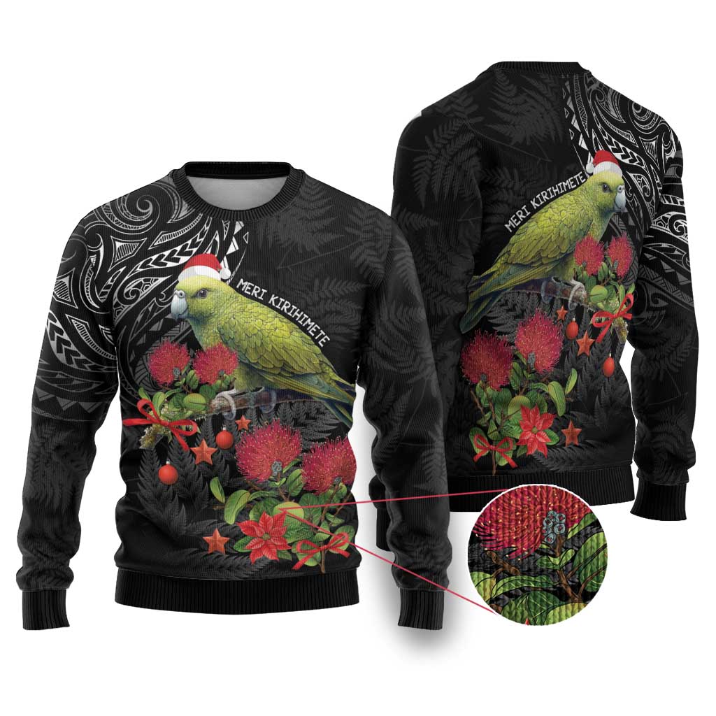 Meri Kirihimete Kakapo Ugly Christmas Sweater Black Silver Fern Christmas Vibe LT9 Black - Polynesian Pride