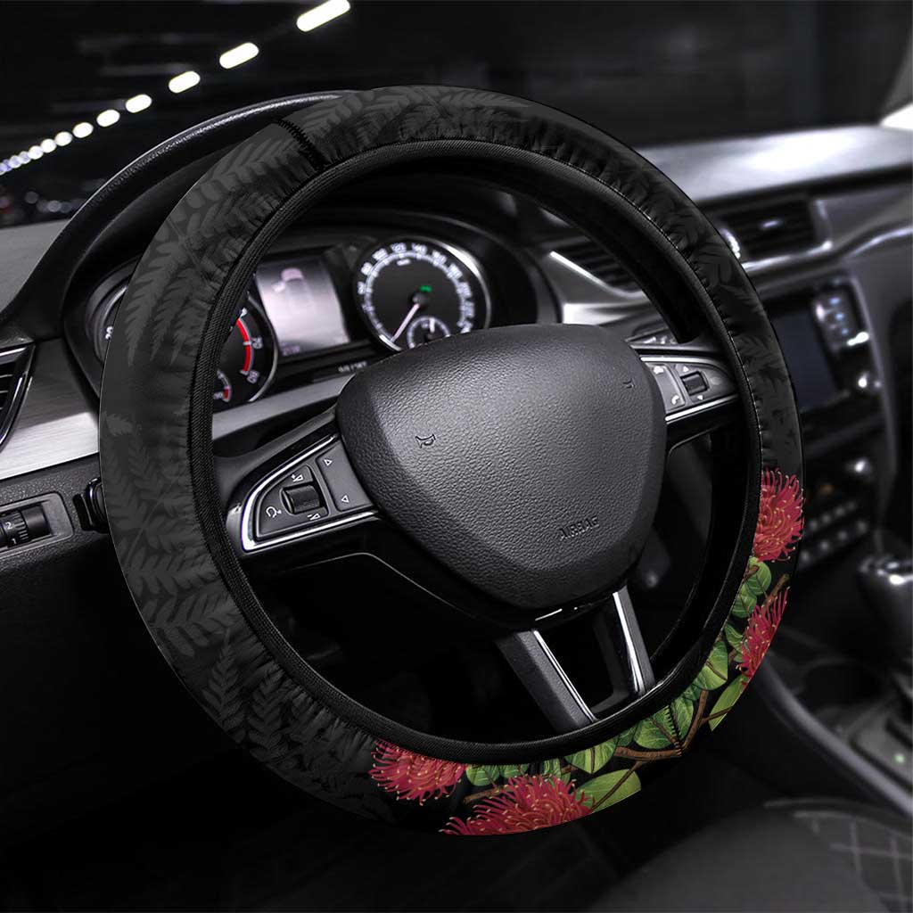 Meri Kirihimete Kakapo Steering Wheel Cover Black Silver Fern Christmas Vibe