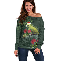 Meri Kirihimete Kakapo Off Shoulder Sweater Green Silver Fern Christmas Vibe LT9 Women Green - Polynesian Pride