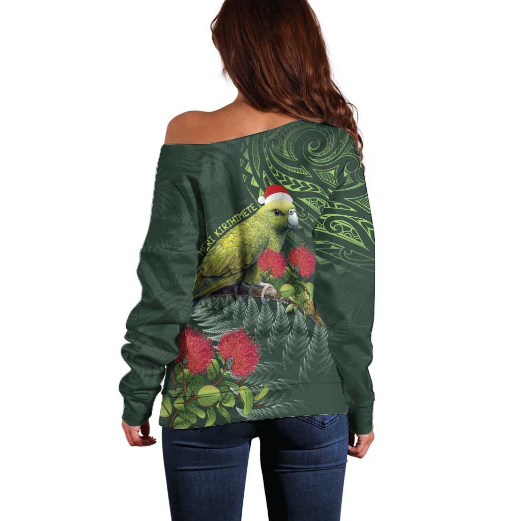Meri Kirihimete Kakapo Off Shoulder Sweater Green Silver Fern Christmas Vibe LT9 - Polynesian Pride