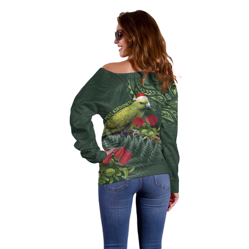 Meri Kirihimete Kakapo Off Shoulder Sweater Green Silver Fern Christmas Vibe LT9 - Polynesian Pride