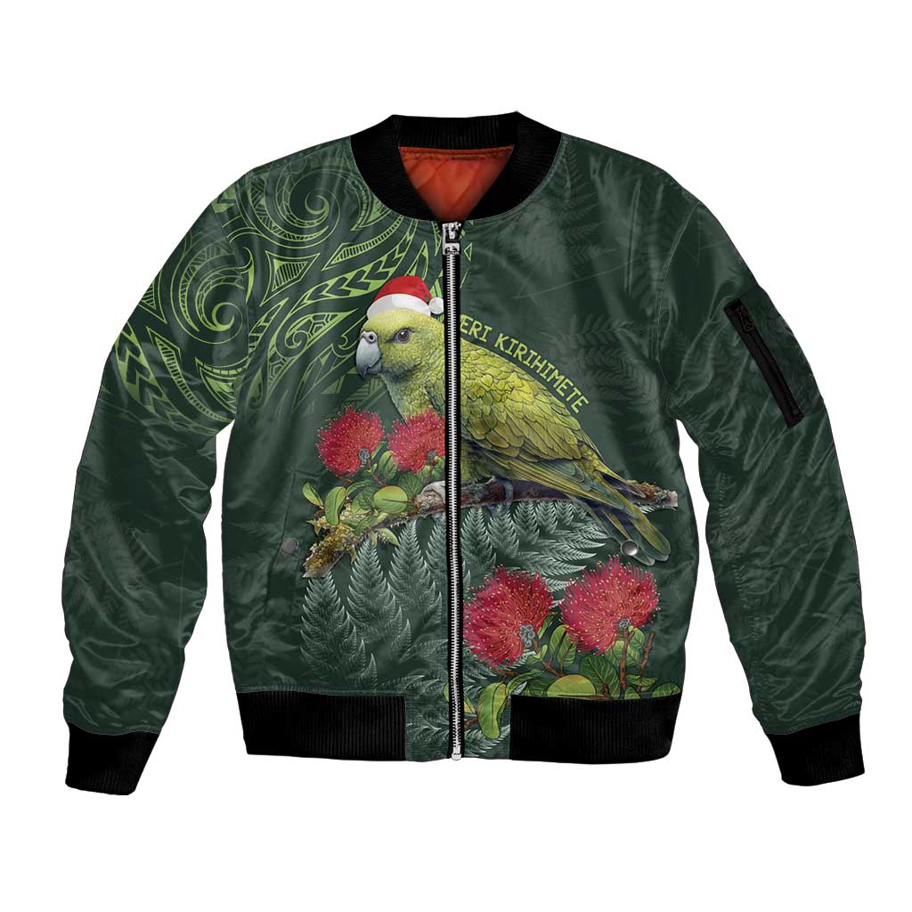 Meri Kirihimete Kakapo Sleeve Zip Bomber Jacket Green Silver Fern Christmas Vibe LT9 Unisex Green - Polynesian Pride