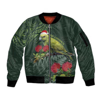 Meri Kirihimete Kakapo Sleeve Zip Bomber Jacket Green Silver Fern Christmas Vibe LT9 Unisex Green - Polynesian Pride