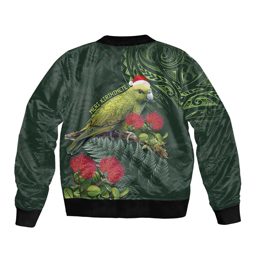 Meri Kirihimete Kakapo Sleeve Zip Bomber Jacket Green Silver Fern Christmas Vibe LT9 - Polynesian Pride