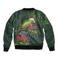 Meri Kirihimete Kakapo Sleeve Zip Bomber Jacket Green Silver Fern Christmas Vibe LT9 - Polynesian Pride