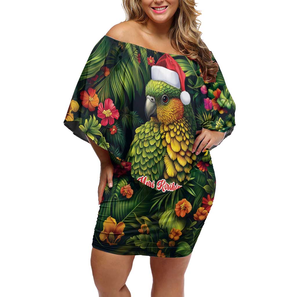 Meri Kirihimete Kakapo Off Shoulder Short Dress New Zealand Christmas with Tropical Vibe LT9 Women Green - Polynesian Pride