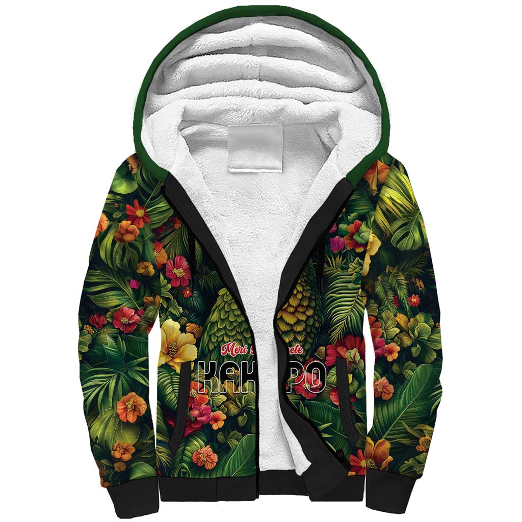 Meri Kirihimete Kakapo Sherpa Hoodie New Zealand Christmas with Tropical Vibe LT9 Unisex Green - Polynesian Pride