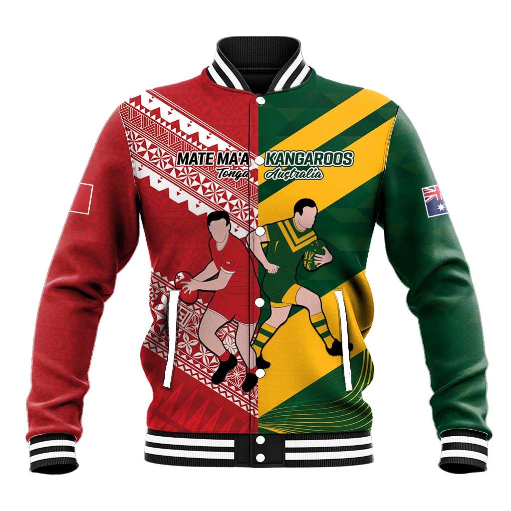 Australia-Tonga Rugby Pacific Custom Baseball Jacket The Kangaroos and Mate Ma'a Tonga LT9 Unisex Red-Green - Polynesian Pride