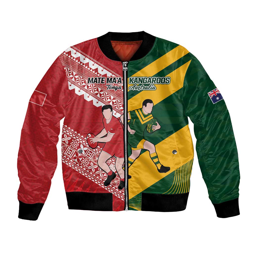 Australia-Tonga Rugby Pacific Custom Bomber Jacket The Kangaroos and Mate Ma'a Tonga LT9 Unisex Red-Green - Polynesian Pride