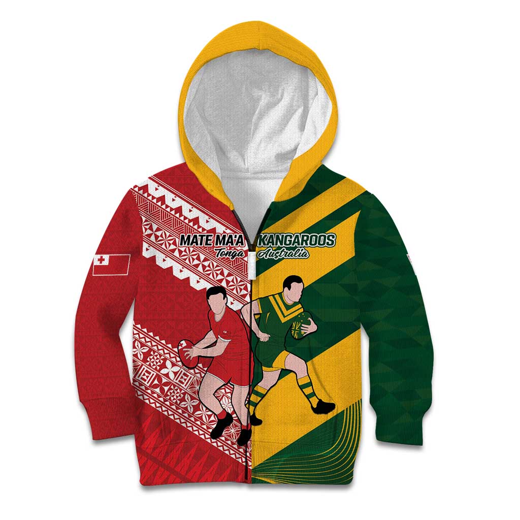 Australia-Tonga Rugby Pacific Custom Kid Hoodie The Kangaroos and Mate Ma'a Tonga LT9 Zip Hoodie Red-Green - Polynesian Pride