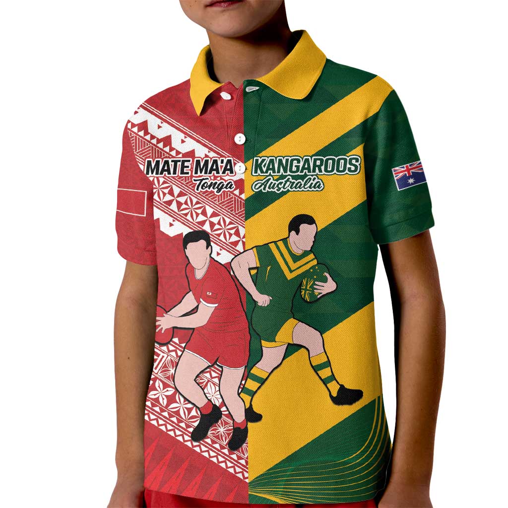 Australia-Tonga Rugby Pacific Custom Kid Polo Shirt The Kangaroos and Mate Ma'a Tonga LT9 Kid Red-Green - Polynesian Pride