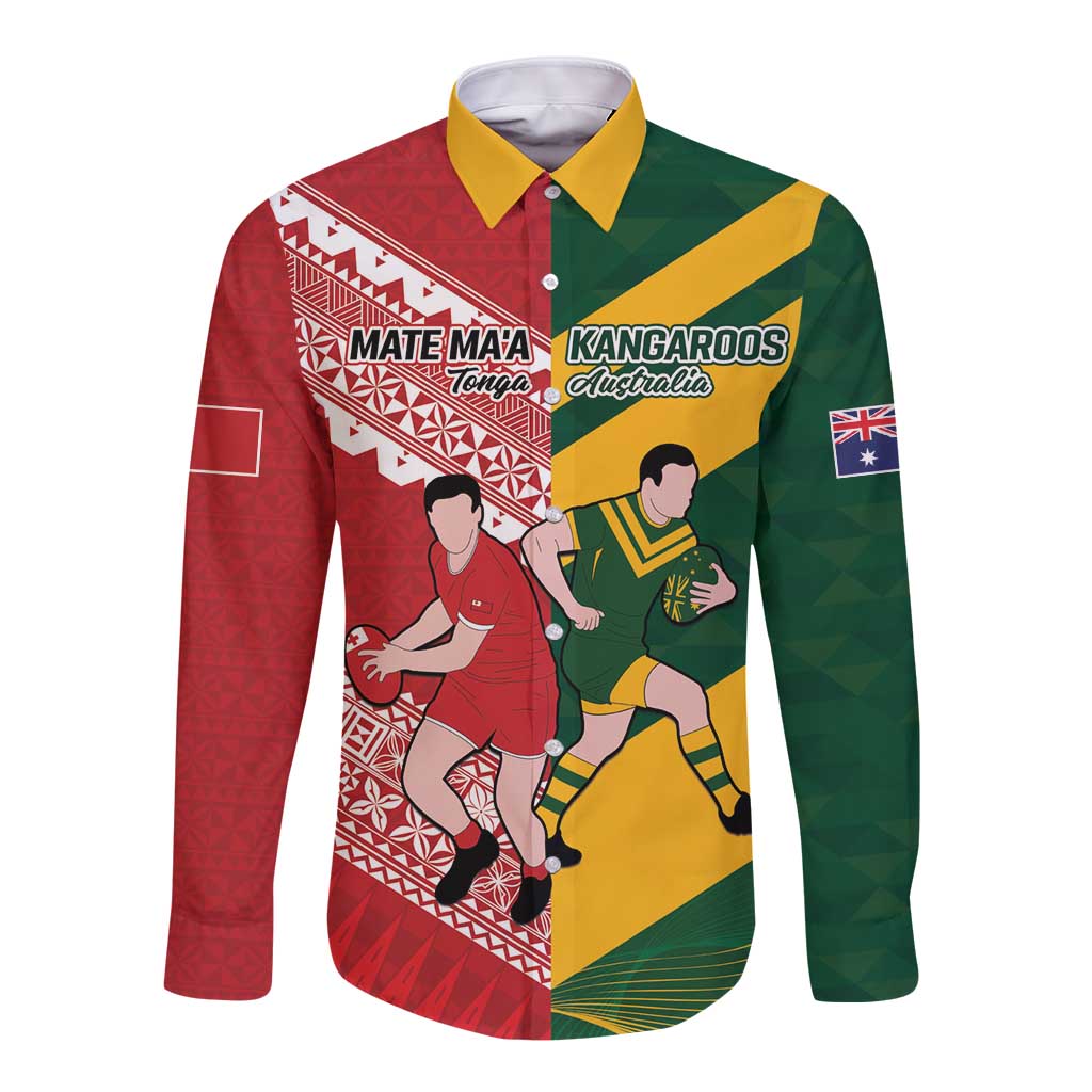 Australia-Tonga Rugby Pacific Custom Long Sleeve Button Shirt The Kangaroos and Mate Ma'a Tonga LT9 Unisex Red-Green - Polynesian Pride