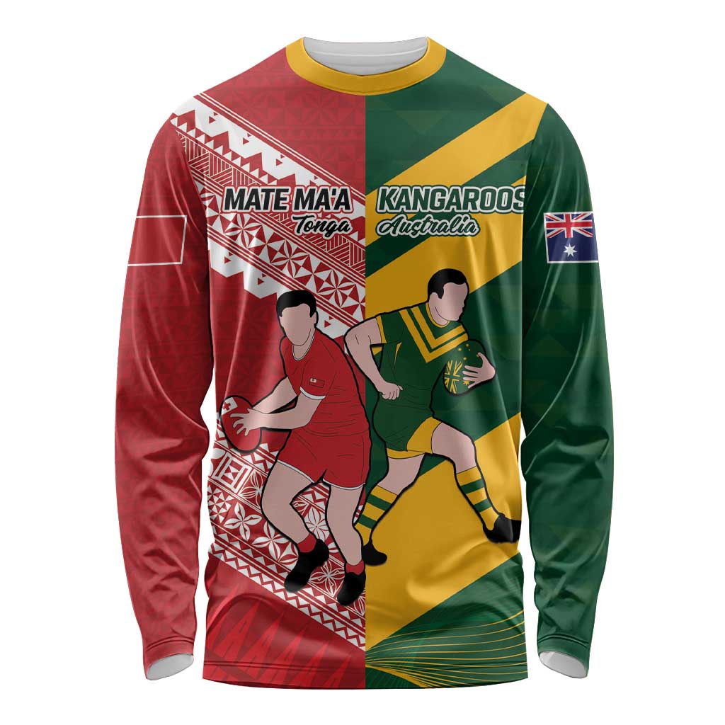 Australia-Tonga Rugby Pacific Custom Long Sleeve Shirt The Kangaroos and Mate Ma'a Tonga LT9 Unisex Red-Green - Polynesian Pride