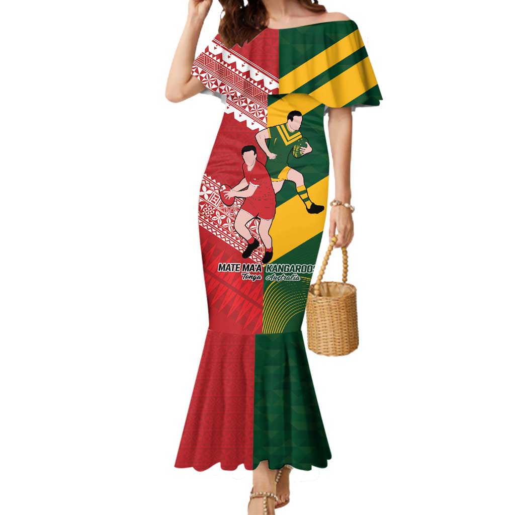 Australia-Tonga Rugby Pacific Custom Mermaid Dress The Kangaroos and Mate Ma'a Tonga LT9 Women Red-Green - Polynesian Pride