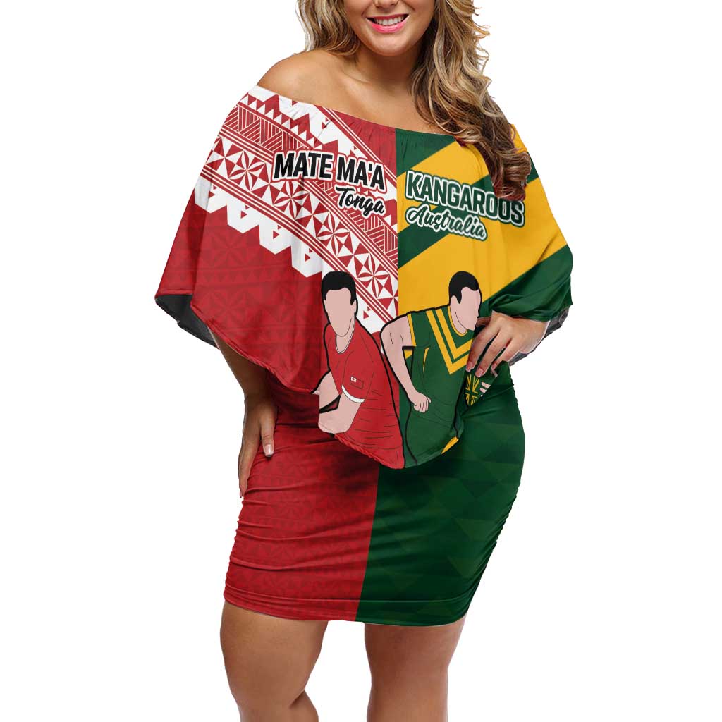 Australia-Tonga Rugby Pacific Custom Off Shoulder Short Dress The Kangaroos and Mate Ma'a Tonga LT9 Women Red-Green - Polynesian Pride
