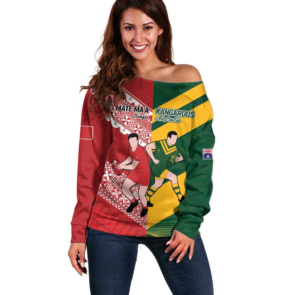 Australia-Tonga Rugby Pacific Custom Off Shoulder Sweater The Kangaroos and Mate Ma'a Tonga LT9 Women Red-Green - Polynesian Pride