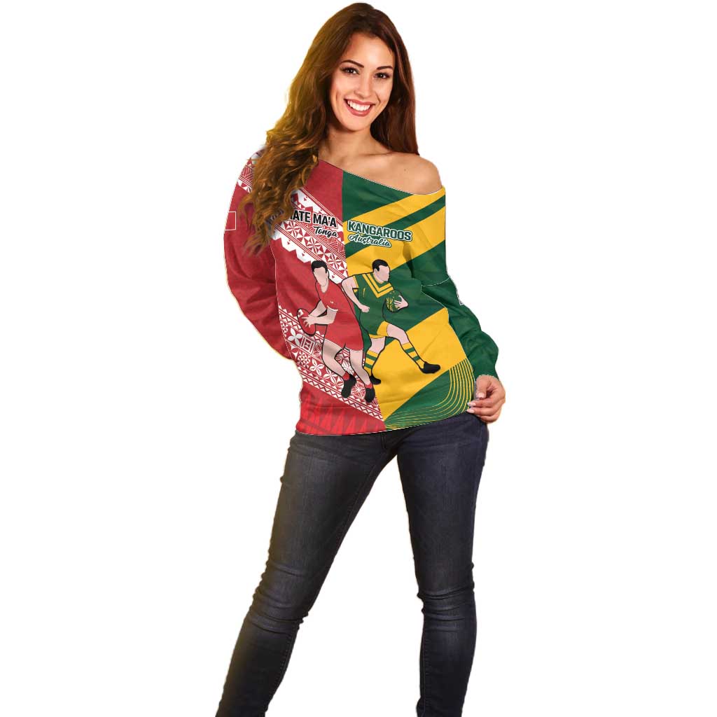 Australia-Tonga Rugby Pacific Custom Off Shoulder Sweater The Kangaroos and Mate Ma'a Tonga LT9 - Polynesian Pride