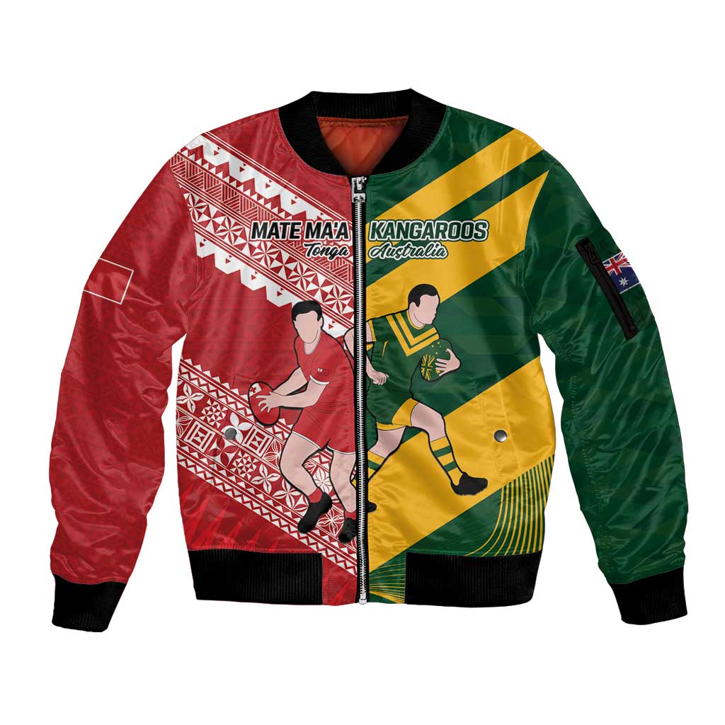 Australia-Tonga Rugby Pacific Custom Sleeve Zip Bomber Jacket The Kangaroos and Mate Ma'a Tonga LT9 Unisex Red-Green - Polynesian Pride