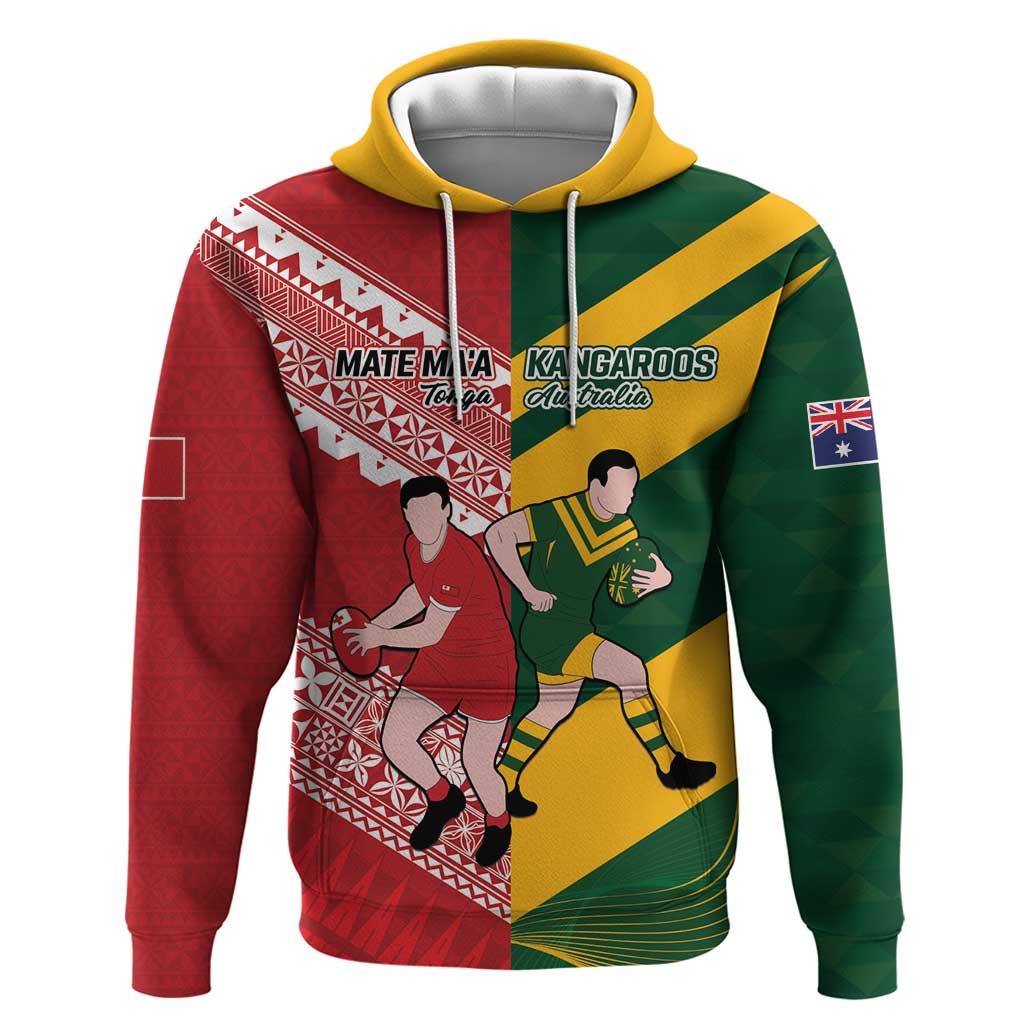 Australia-Tonga Rugby Pacific Custom Zip Hoodie The Kangaroos and Mate Ma'a Tonga LT9 Pullover Hoodie Red-Green - Polynesian Pride