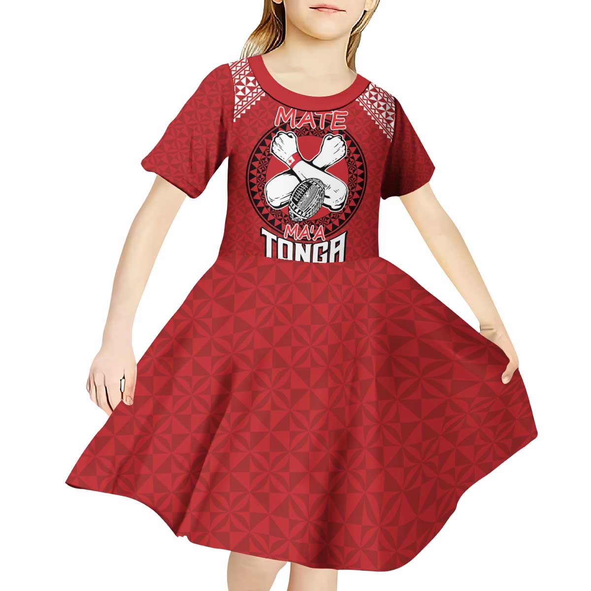 Tonga Rugby XIII Custom Kid Short Sleeve Dress Mate Ma'a Tonga with Ngatu Pattern LT9 - Polynesian Pride
