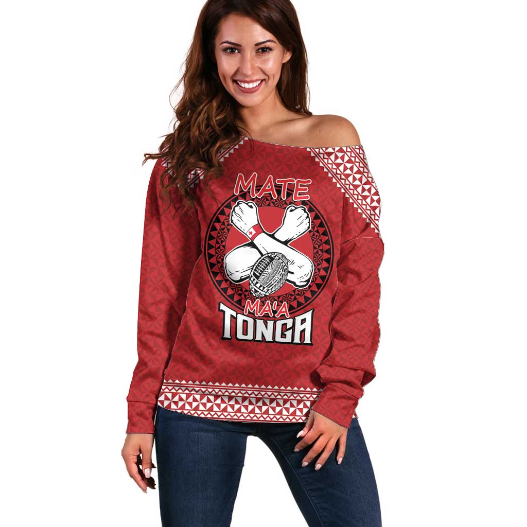 Tonga Rugby XIII Custom Off Shoulder Sweater Mate Ma'a Tonga with Ngatu Pattern LT9 Women Red - Polynesian Pride