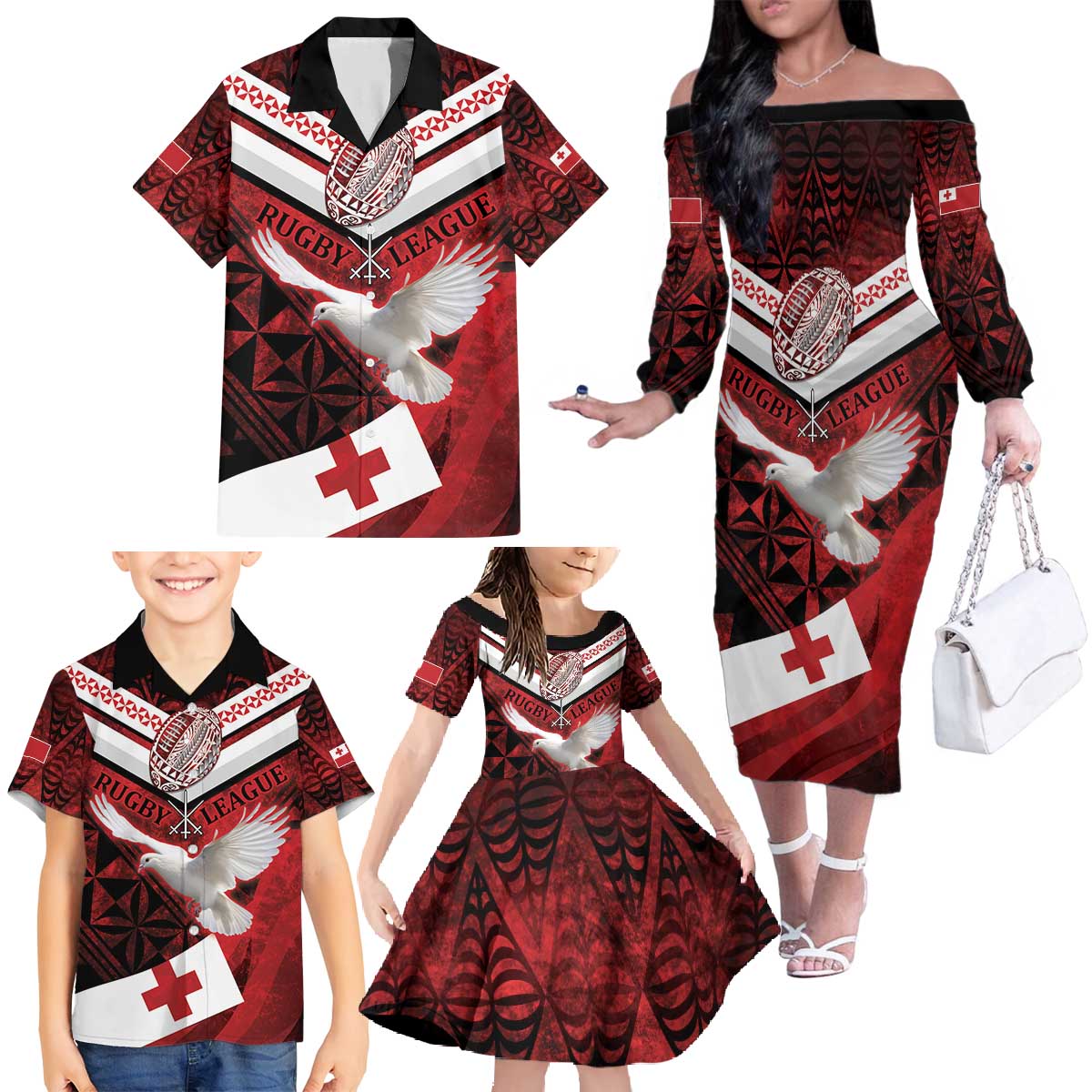 Custom Tonga XIII Rugby Tribal Tattoo Family Matching Off The Shoulder Long Sleeve Dress and Hawaiian Shirt Mate Ma'a Tonga Kupesi Ngatu Grunge Style