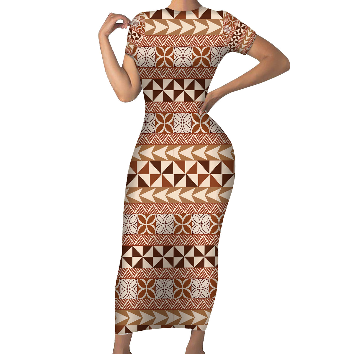Pasifika Sataoa Pattern Simple Motif Short Sleeve Bodycon Dress Brown Beige Tan LT9 Long Dress Brown - Polynesian Pride