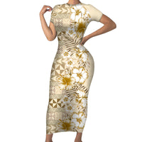 Pasifika Sataoa Pattern Plumeria Vintage Short Sleeve Bodycon Dress Beige Tan LT9 Long Dress Beige Tan - Polynesian Pride