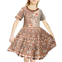 Pasifika Sataoa Pattern Plumeria Vintage Kid Short Sleeve Dress Brown Beige Tan LT9 - Polynesian Pride
