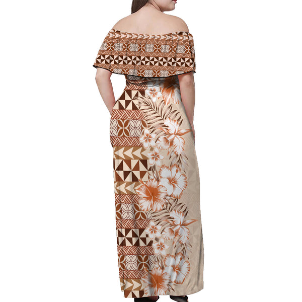 Pasifika Sataoa Pattern Plumeria Vintage Off Shoulder Maxi Dress Brown 