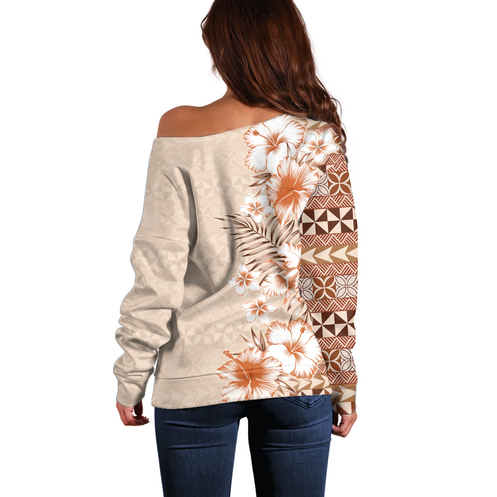 Pasifika Sataoa Pattern Plumeria Vintage Off Shoulder Sweater Brown Beige Tan LT9 - Polynesian Pride