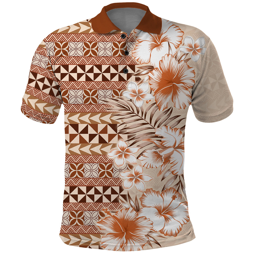 Pasifika Sataoa Pattern Plumeria Vintage Polo Shirt Brown Beige Tan LT9 Brown - Polynesian Pride