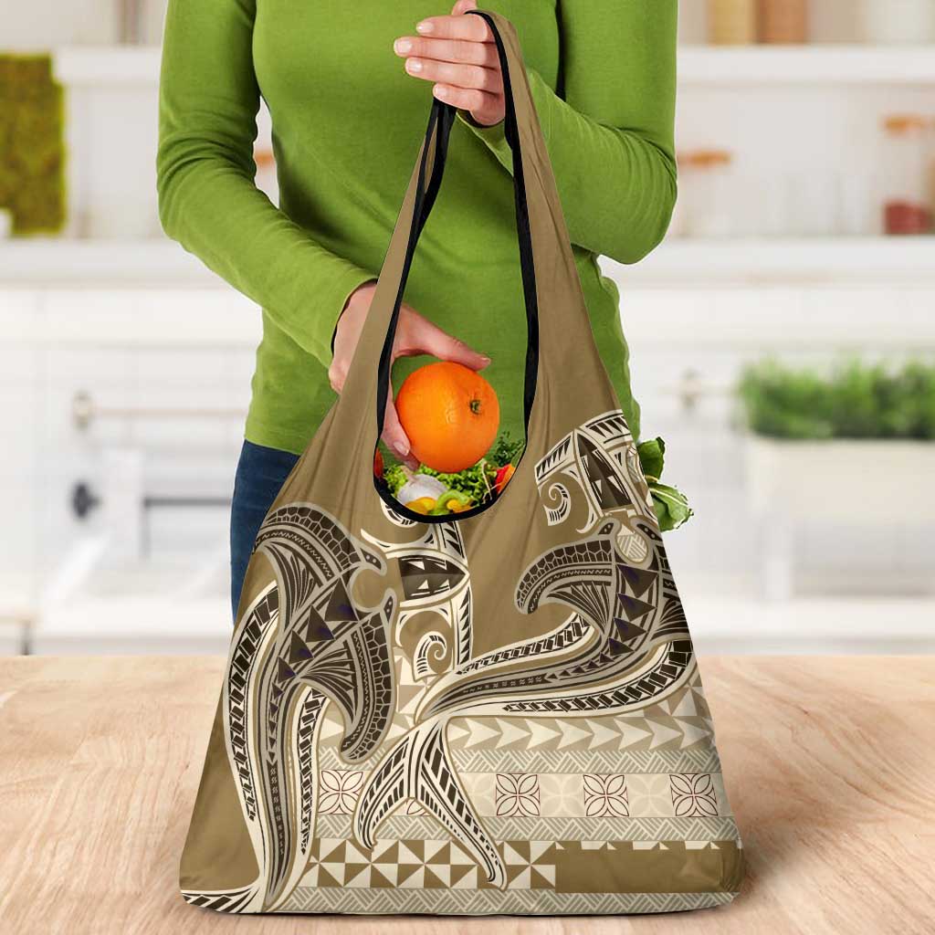 Vintage Hammerhead Shark Valentine Day Grocery Bag Pasifika Sataoa Pattern - Beige Tan LT9 - Polynesian Pride