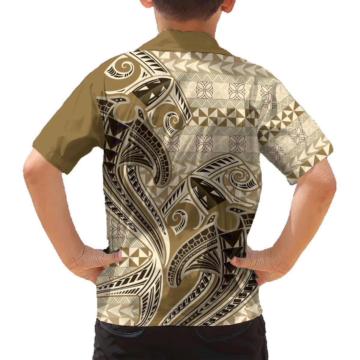 Vintage Hammerhead Shark Valentine Day Kid Hawaiian Shirt Pasifika Sataoa Pattern - Beige Tan LT9 - Polynesian Pride