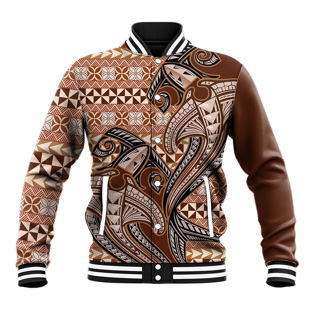 Vintage Hammerhead Shark Valentine Day Baseball Jacket Pasifika Sataoa Pattern - Brown Beige Tan LT9 Unisex Brown - Polynesian Pride