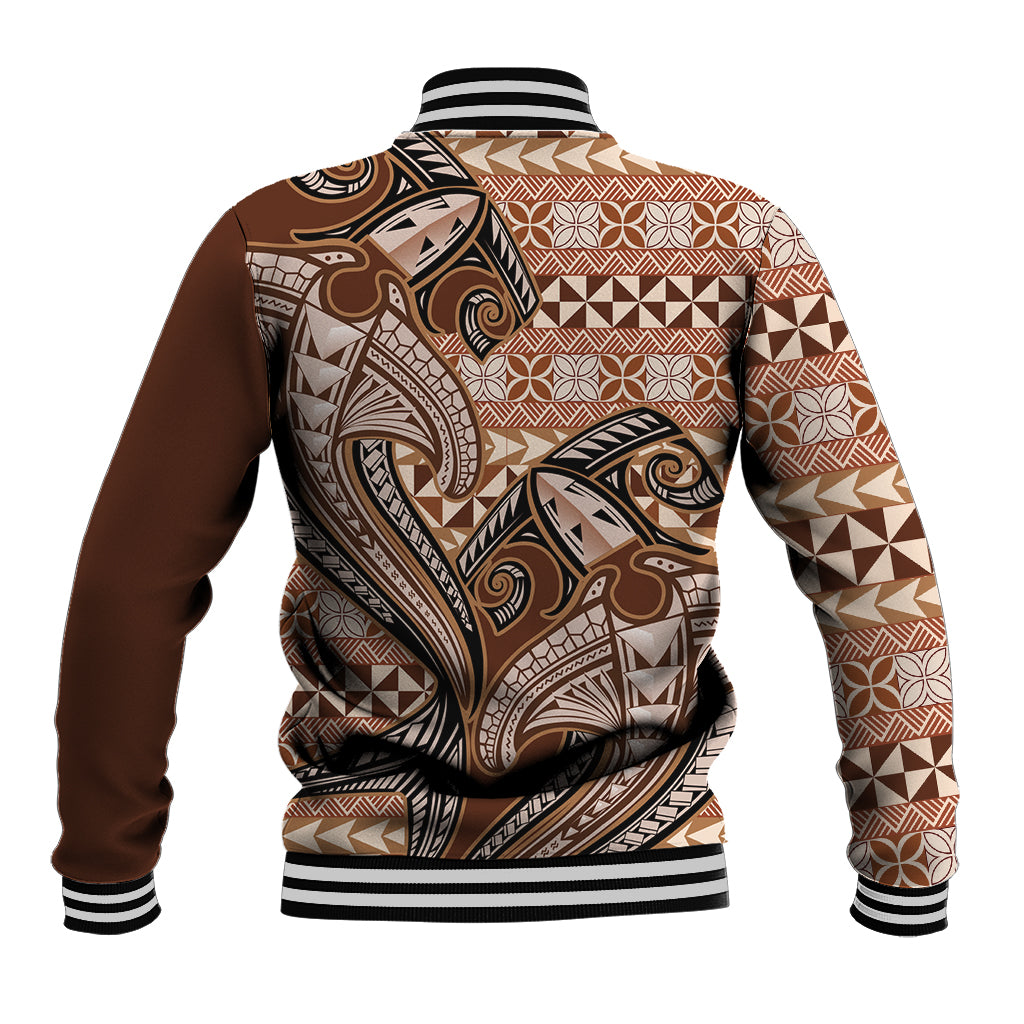 Vintage Hammerhead Shark Valentine Day Baseball Jacket Pasifika Sataoa Pattern - Brown Beige Tan LT9 - Polynesian Pride