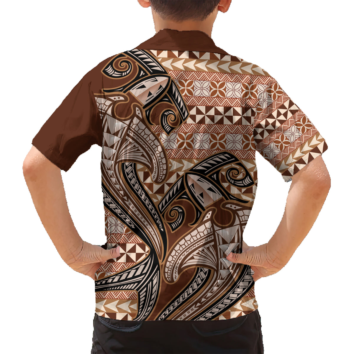 Vintage Hammerhead Shark Valentine Day Kid Hawaiian Shirt Pasifika Sataoa Pattern - Brown Beige Tan LT9 - Polynesian Pride