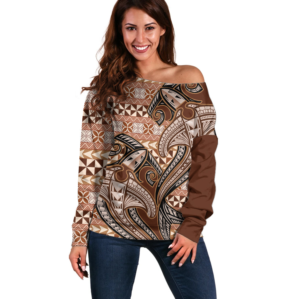 Vintage Hammerhead Shark Valentine Day Off Shoulder Sweater Pasifika Sataoa Pattern - Brown Beige Tan LT9 Women Brown - Polynesian Pride