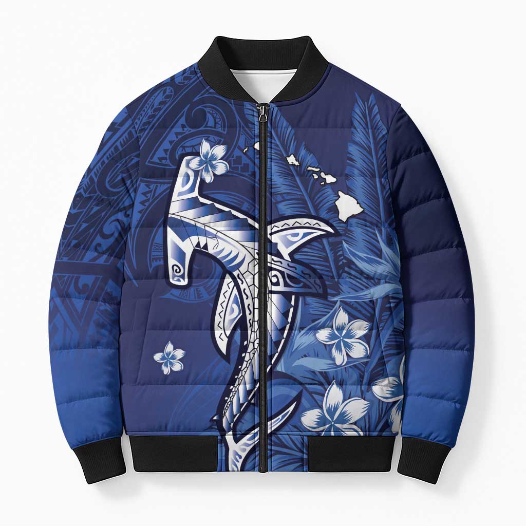 Personalized Hawaiian Maori Hammerhead Shark Bomber Puffer Jacket Polu Plumeria LT9 Unisex Blue - Polynesian Pride