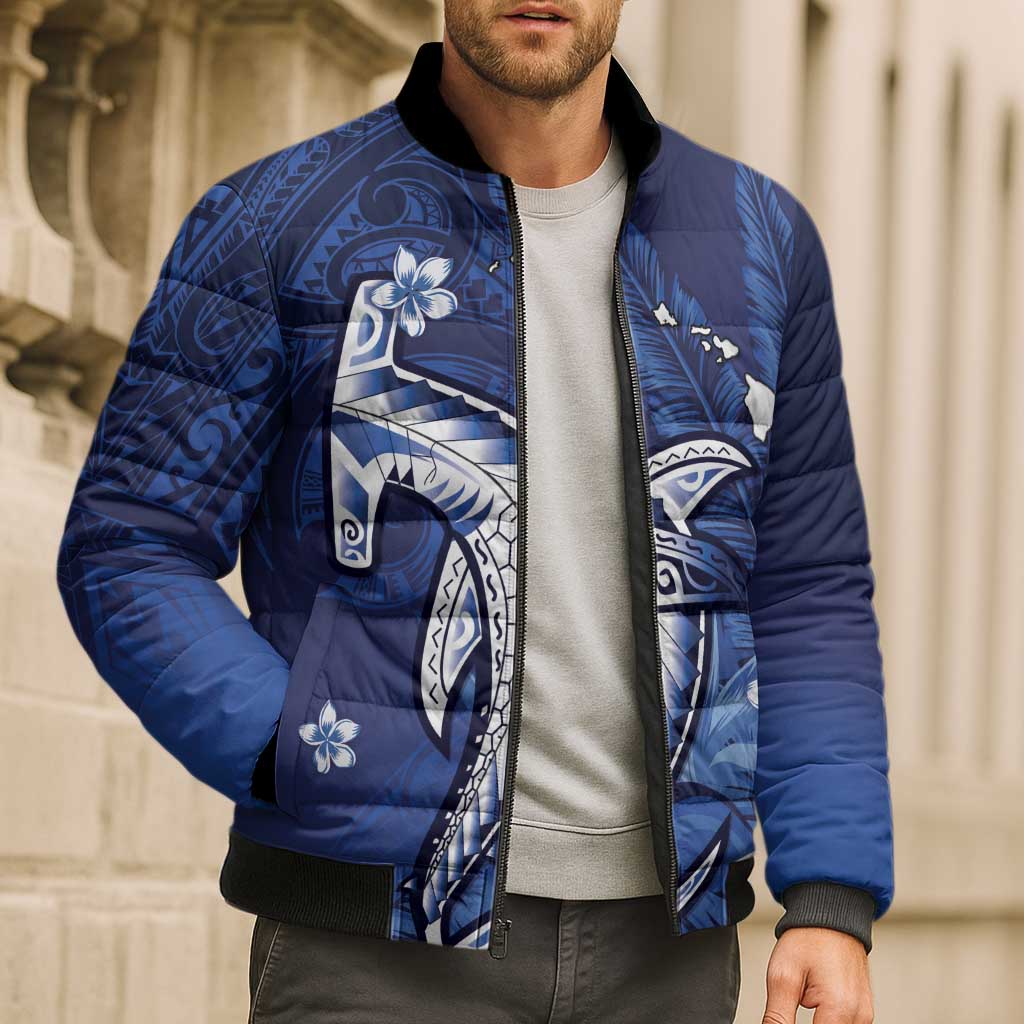 Personalized Hawaiian Maori Hammerhead Shark Bomber Puffer Jacket Polu Plumeria LT9 - Polynesian Pride