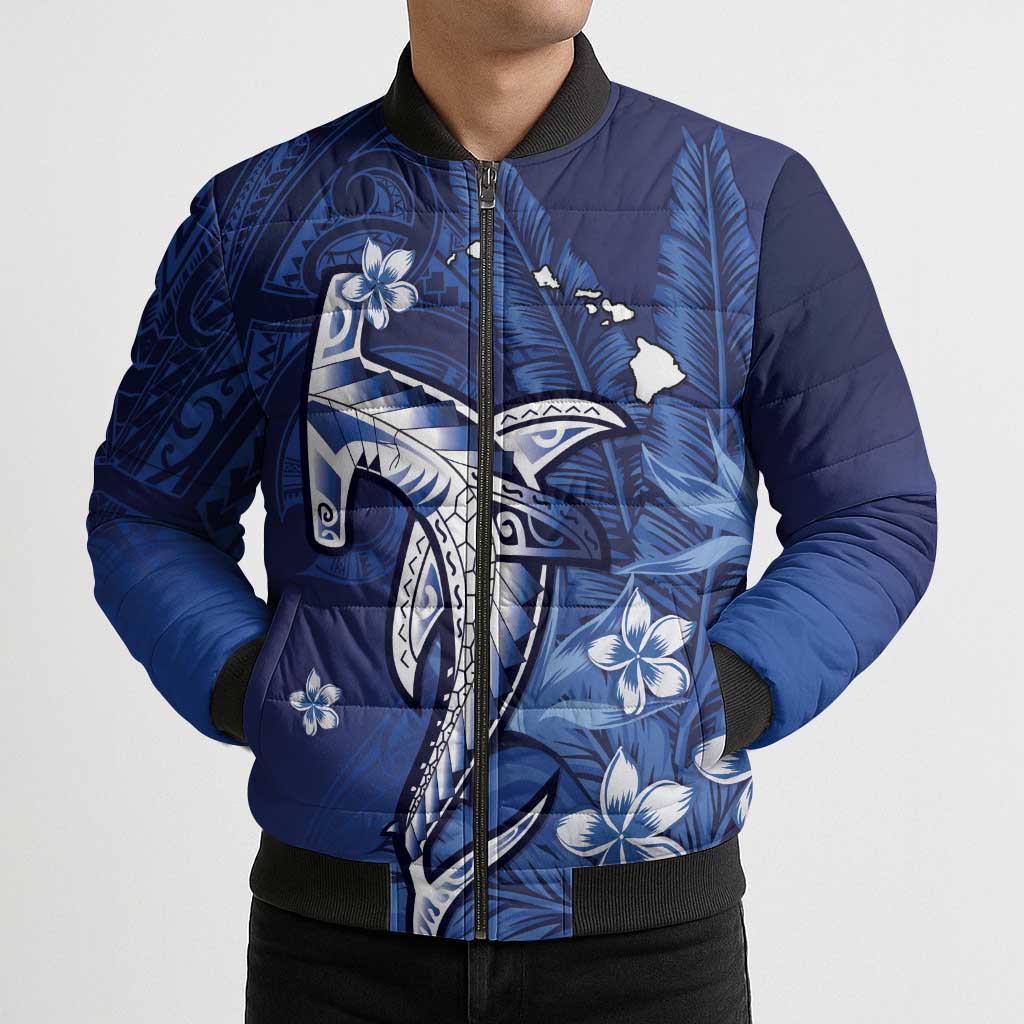 Personalized Hawaiian Maori Hammerhead Shark Bomber Puffer Jacket Polu Plumeria LT9 - Polynesian Pride