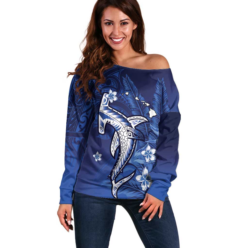 Personalized Hawaiian Maori Hammerhead Shark Off Shoulder Sweater Polu Plumeria LT9 Women Blue - Polynesian Pride