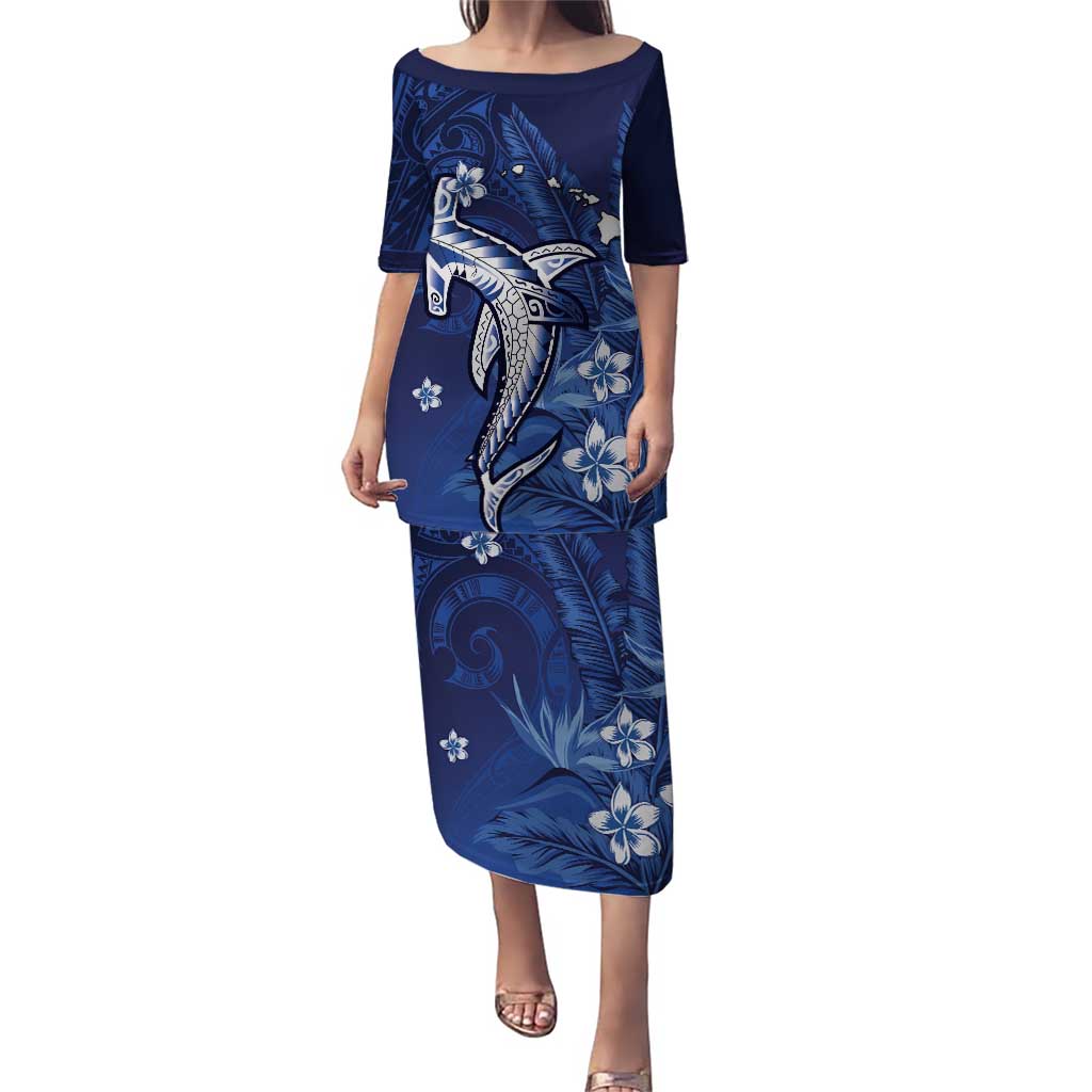 Personalized Hawaiian Maori Hammerhead Shark Puletasi Polu Plumeria LT9 Long Dress Blue - Polynesian Pride