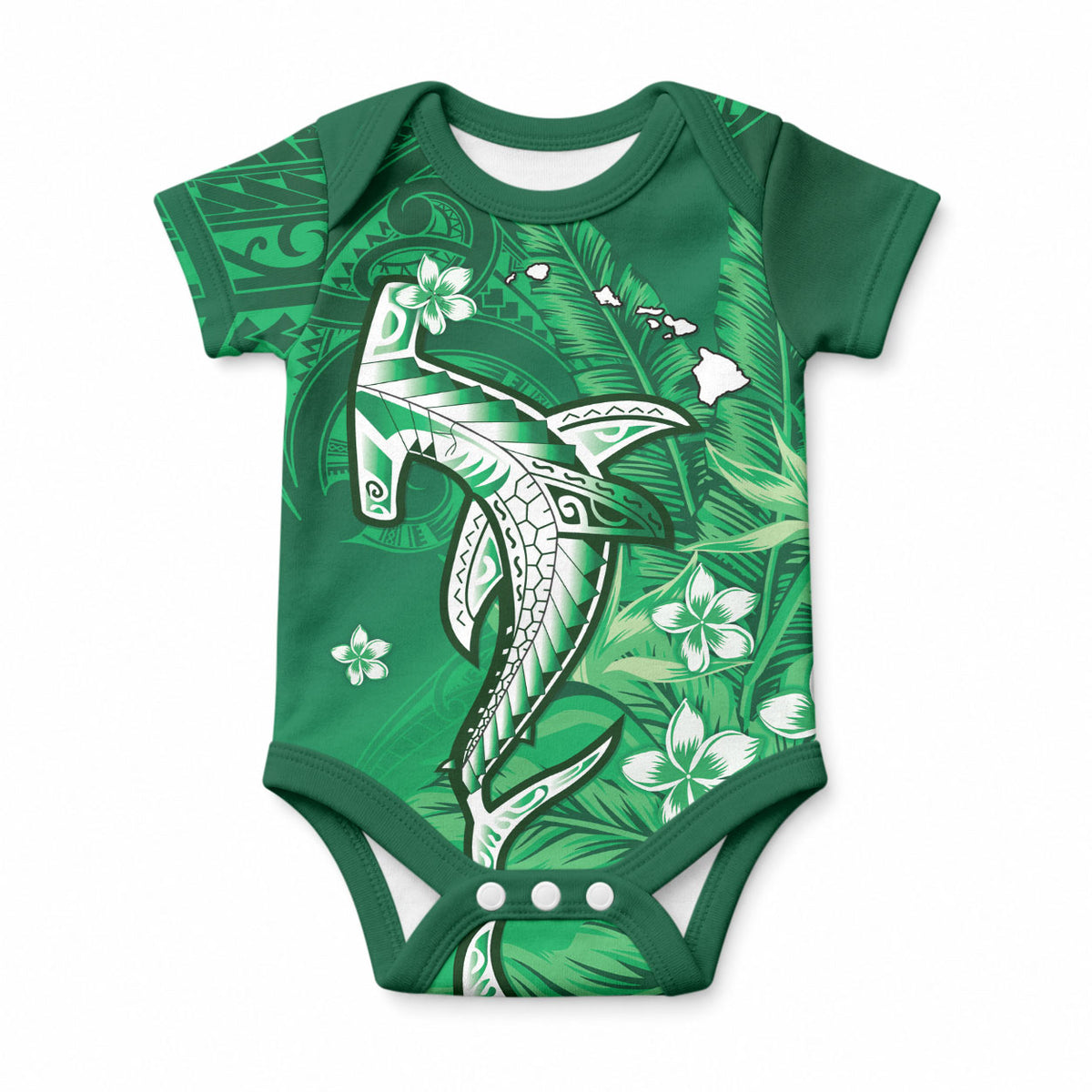 Personalized Hawaiian Maori Hammerhead Shark Baby Onesie Omaomao Plumeria LT9 Green - Polynesian Pride