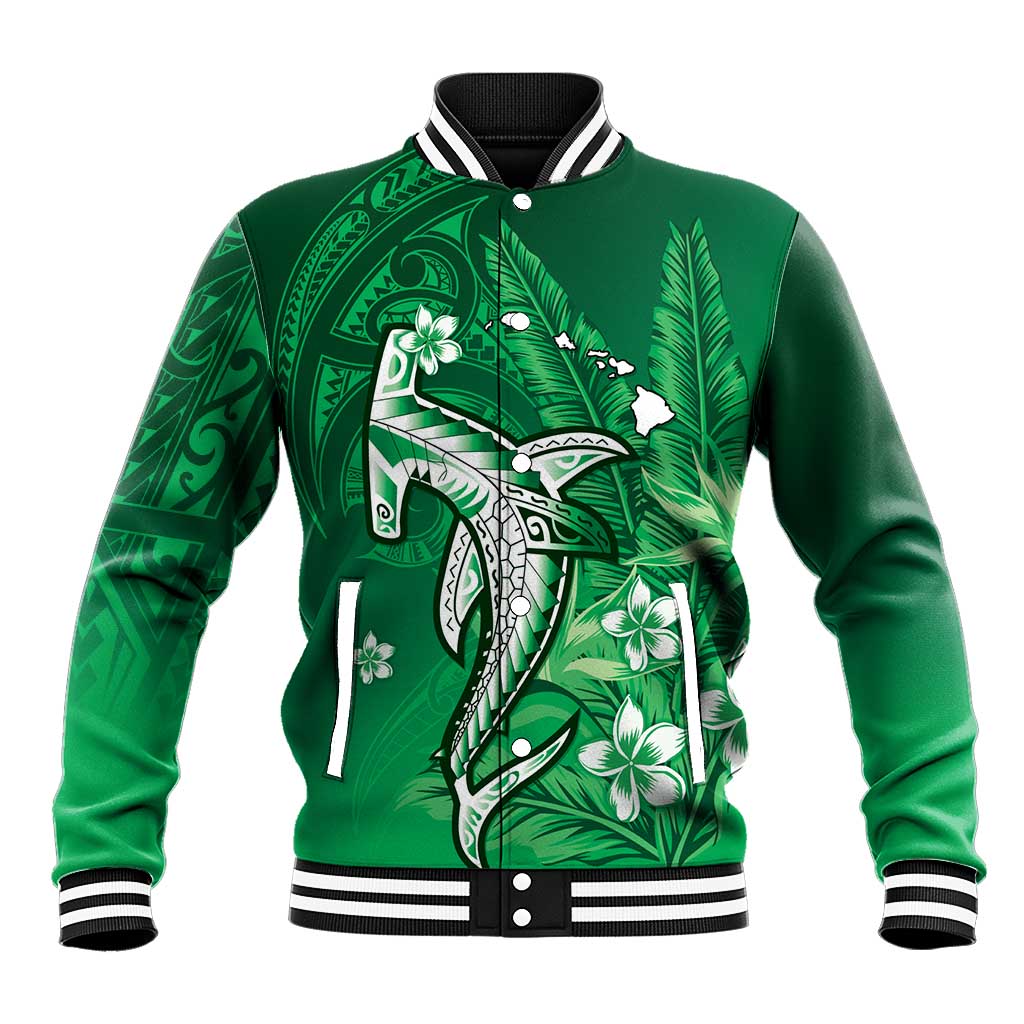 Personalized Hawaiian Maori Hammerhead Shark Baseball Jacket Omaomao Plumeria LT9 Unisex Green - Polynesian Pride